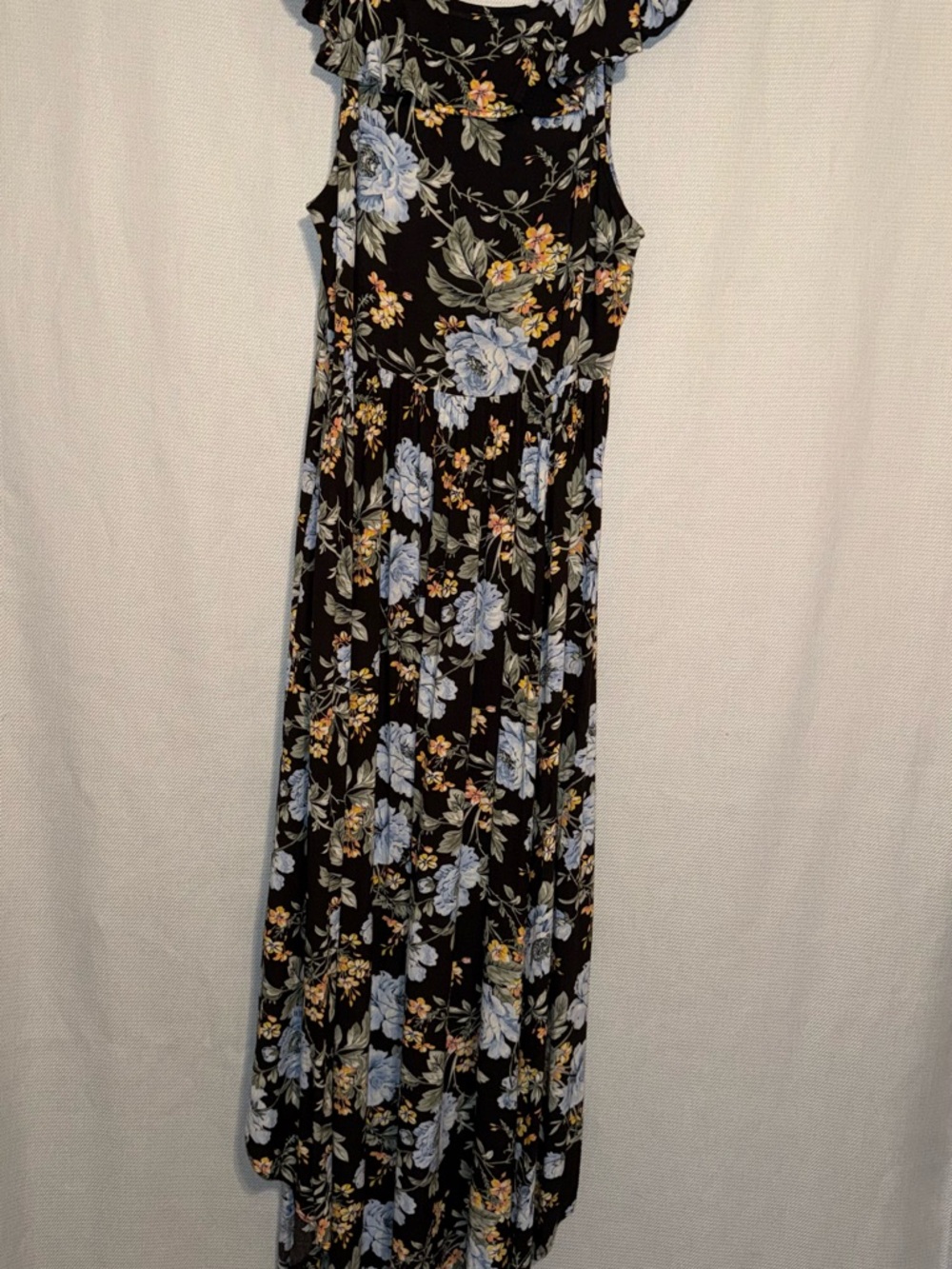 Floral Ruffle Sleeveless Maxi Dress in Black and Blue